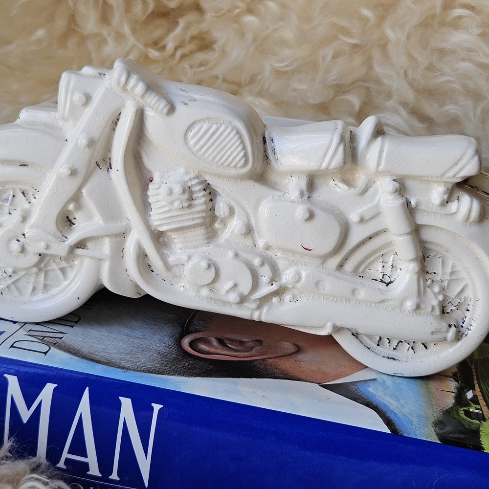 Vintage 1970s Ceramic Off White Motorcycle Decorative Planter -  Mancave